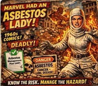 Comic-book style poster: Marvel had an Asbestos Lady — know the risk, manage the hazard