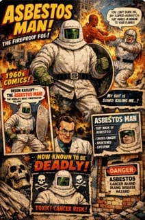 Comic-book style poster: Asbestos Man — once sold as fireproof, now known to be deadly